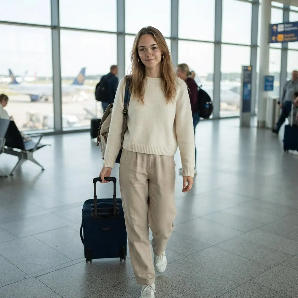 Mila, a virtual creator, pulling a suitcase through a bright airport terminal (AI-generated image)