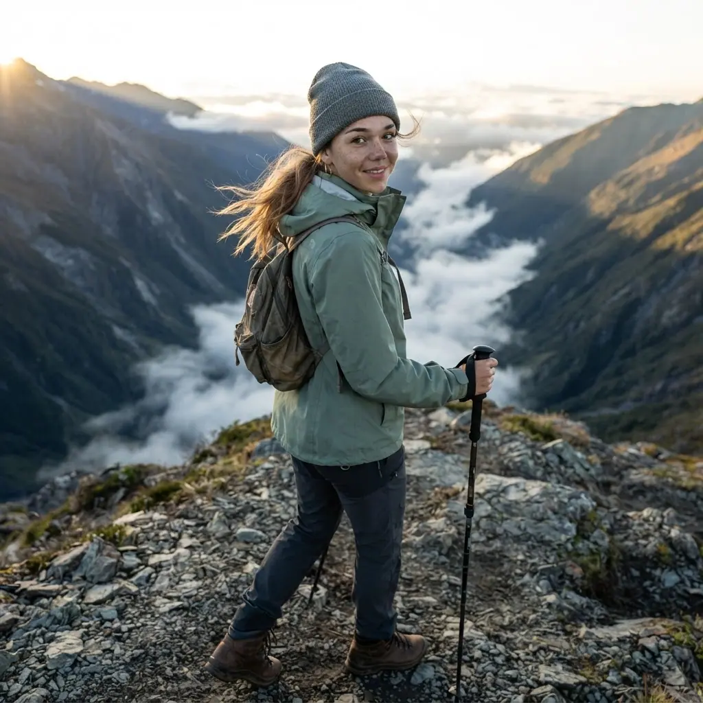 Mila, a virtual creator, hiking on a mountain ridge above a sea of clouds at golden hour (AI-generated image)